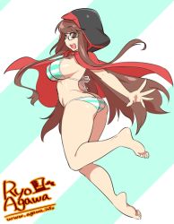 Rule 34 | 1girl, agawa ryou, artist name, ass, bad id, bad tumblr id, barefoot, bikini, blush, breasts, brown eyes, brown hair, butt crack, curvy, glasses, huge breasts, jumping, long hair, looking at viewer, open mouth, sideboob, smile, solo, striped bikini, striped clothes, swimsuit, teeth, watermark, web address