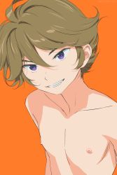 Rule 34 | 10s, 1boy, ahoge, akagi (fmttps), bad id, bad pixiv id, close-up, darling in the franxx, grin, highres, looking at viewer, male focus, nipples, orange background, purple eyes, simple background, smile, solo, topless male, upper body, watermark, zorome (darling in the franxx)