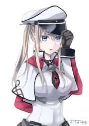 Rule 34 | 10s, 1girl, adjusting clothes, adjusting headwear, anchor choker, arm behind back, artist name, bad id, bad pixiv id, black gloves, black ribbon, blonde hair, blouse, blue eyes, breasts, capelet, celtic knot, collared shirt, covered navel, cross, female focus, gloves, graf zeppelin (kancolle), hat, hat tip, high collar, highres, iron cross, kantai collection, large breasts, long hair, long sleeves, military, military uniform, necktie, omoomomo, parted lips, peaked cap, red necktie, ribbon, shirt, sidelocks, simple background, solo, uniform, upper body, white background, white shirt
