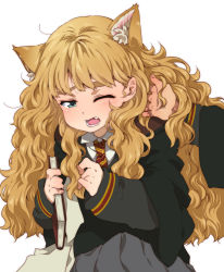 Rule 34 | 1girl, alternate eye color, animal ears, animification, aqua eyes, big hair, blonde hair, blue eyes, blush, book, cat ears, coat, curly hair, dress shirt, embarrassed, extra ears, eyebrows, fang, harry potter, harry potter (series), harry potter and the chamber of secrets, hermione granger, light brown hair, long hair, messy hair, necktie, one eye closed, open mouth, pleated skirt, pointy ears, shirt, simple background, skirt, solo, sweater, takanashi ringo, very long hair, white background, wince, wink, wizarding world