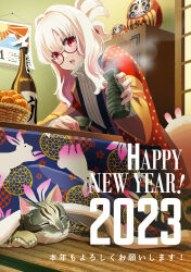 Rule 34 | 1girl, 2023, absurdres, alcohol, arm support, blanket, bottle, calendar (object), cat, choko (cup), commentary, cup, drink, food, fruit, glasses, gradient hair, hair bun, happy new year, highres, holding, holding cup, indoors, japanese clothes, kimono, kotatsu, long sleeves, looking at viewer, mandarin orange, mimizuku suana, multicolored hair, nengajou, new year, open mouth, original, print kimono, red eyes, red kimono, sake, sake bottle, sitting, solo, steam, table, tatami, tokkuri, translated, under kotatsu, under table, white hair
