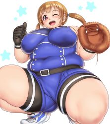 Rule 34 | 1girl, baseball glove, belt, blush, breasts, cinderella series, clenched hand, commentary request, covered navel, feet out of frame, hachigatsu no cinderella nine, highres, kazamatsuri serina, large breasts, light brown hair, long hair, looking at viewer, muffin top, one eye closed, open mouth, orizen, plump, red eyes, shoes, shorts, sneakers, solo, squatting, star (symbol), starry background, tareme, teeth, thick thighs, thighs, twintails, upper teeth only, white background, white footwear
