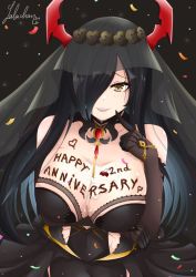 Rule 34 | 1girl, arm up, azur lane, bare shoulders, black background, black dress, black gloves, black hair, black wedding dress, blush, body writing, breasts, bridal veil, candle, cherry, cleavage, covered navel, cream, dress, elbow gloves, food, food on body, food on breasts, friedrich der grosse (azur lane), friedrich der grosse (zeremonie of the cradle) (azur lane), fruit, gloves, hair over one eye, heart, highres, horns, huge breasts, jewelry, lalachan208, large breasts, long hair, looking at viewer, mechanical horns, red horns, smile, veil, very long hair, wedding dress, yellow eyes
