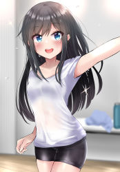 Rule 34 | 1girl, :d, alternate costume, asashio (kancolle), bike shorts, black hair, blue eyes, blurry, blurry background, blush, bottle, breasts, collarbone, cowboy shot, depth of field, indoors, kantai collection, long hair, looking at viewer, open mouth, outstretched arm, sasakura (calicchio), see-through, shirt, short sleeves, shorts, small breasts, smile, solo, sparkle, sweat, table, towel, training, water bottle, white shirt