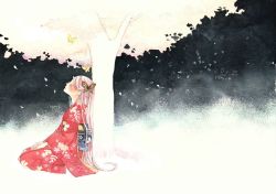 Rule 34 | 1girl, bug, butterfly, insect, japanese clothes, kimono, original, painting (medium), sleeping, solo, traditional media, tree, uko (artist), watercolor (medium), yufushi