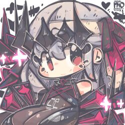 Rule 34 | 1girl, absurdres, bandaged head, bandages, black dress, black gloves, black ribbon, blush stickers, breasts, chibi, cleavage, closed mouth, detached sleeves, dress, gloves, goddess of victory: nikke, grey hair, hair ribbon, highres, jrpencil, large breasts, long hair, marian (nikke), modernia (nikke), red eyes, ribbon, see-through, see-through cleavage, smile, solo