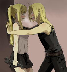 Rule 34 | 1boy, 1girl, ahoge, asymmetrical arms, bad id, bad pixiv id, blonde hair, blue eyes, blush, braid, couple, earrings, edward elric, eye contact, face-to-face, fullmetal alchemist, hetero, jewelry, long hair, looking at another, mechanical arms, mitsu yomogi, ponytail, single mechanical arm, kabedon, winry rockbell, wrench, yellow eyes