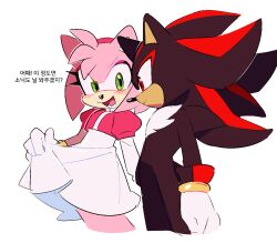 Rule 34 | 1boy, 1girl, alternate costume, amy rose, animal ears, animal nose, black fur, blush, body fur, bracelet, closed mouth, commentary request, dress, eyelashes, furry, furry female, furry male, gloves, gold bracelet, green eyes, hairband, hand up, hedgehog, hedgehog ears, hedgehog girl, hedgehog tail, jewelry, korean commentary, korean text, long sleeves, looking at another, open mouth, pink fur, pink hairband, pink shirt, puffy short sleeves, puffy sleeves, red eyes, red fur, shadow the hedgehog, shirt, short sleeves, simple background, smile, sonic (series), standing, tail, teeth, tongue, translation request, two-tone fur, weon1119, white background, white dress, white gloves