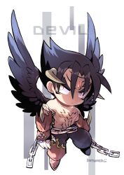 Rule 34 | 1boy, black hair, black wings, chain, character name, chest tattoo, claws, devil jin, facial mark, feathered wings, floating, forehead jewel, gloves, grey horns, highres, horns, kazama jin, kotorai, looking to the side, male focus, no nose, red gloves, signature, solo, studded gloves, tattoo, tekken, topless male, wings, yellow eyes