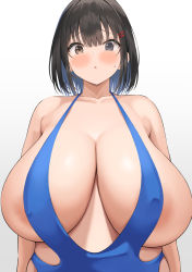 Rule 34 | 1girl, absurdres, areola slip, arms at sides, black hair, blue eyes, blush, breasts, brown eyes, cleavage, collarbone, covered erect nipples, grey eyes, hair between eyes, hair ornament, hairclip, heterochromia, highres, huge breasts, looking at viewer, neneneji, original, parted lips, short hair, simple background, solo, standing, swimsuit, upper body, white background