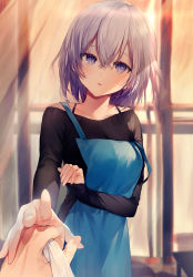 Rule 34 | 1girl, absurdres, apron, bare shoulders, black dress, blue apron, blurry, blurry background, bra strap, broom, collarbone, commentary request, curtains, depth of field, dress, ghost, grey hair, hair between eyes, highres, indoors, light blush, looking at viewer, original, parted lips, purple eyes, shaded face, short hair, sirentab, solo, standing, strapless, strapless dress, sunlight, sunset, sweater, table, white hair, window