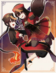 Rule 34 | 1boy, 1girl, black pants, brother and sister, family crest, fangs, fate/grand order, fate (series), full body, hand on own hip, jiangshi, long hair, oda nobukatsu (fate), oda nobunaga (fate), oda uri, ofuda, outstretched arms, pants, ponytail, red eyes, siblings, trap, yzrh0, zombie pose