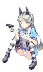 Rule 34 | 1girl, absurdres, alternate costume, animal ears, apron, blue dress, commentary request, dress, eila ilmatar juutilainen, grey eyes, grey hair, gun, hairband, handgun, highres, holster, long hair, panties, shoes, simple background, sitting, solo, spread legs, strike witches, striped clothes, striped thighhighs, tail, thigh strap, thighhighs, underwear, weapon, weapon request, white background, white panties, world witches series, zhongye yu