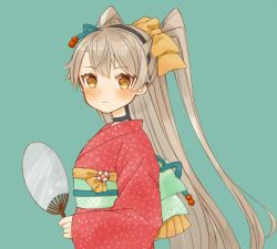 Rule 34 | 1girl, alternate costume, amatsukaze (kancolle), bad id, bad twitter id, black hairband, brown eyes, cocoperino, commentary request, cowboy shot, green background, hairband, hand fan, japanese clothes, kantai collection, kimono, long hair, print kimono, red kimono, silver hair, simple background, smile, solo, two side up, yukata