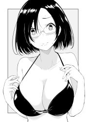Rule 34 | 1girl, bikini, blush, breasts, cleavage, closed mouth, collarbone, eyebrows, glasses, greyscale, hands up, jewelry, kichihachi, large breasts, looking at viewer, mole, mole under mouth, monochrome, original, outside border, ring, short hair, solo, swimsuit, upper body