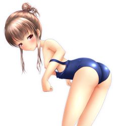 Rule 34 | 1girl, ass, blush, breasts, brown eyes, brown hair, clothes pull, highres, ki (kk-sk-ray), leaning forward, nipples, old school swimsuit, one-piece swimsuit, one-piece swimsuit pull, original, school swimsuit, short hair with long locks, simple background, small breasts, solo, swimsuit