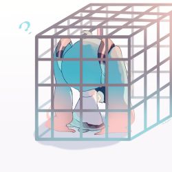 Rule 34 | 1girl, ?, ahoge, aqua hair, bare shoulders, black legwear, black skirt, black sleeves, cage, chibi, commentary, detached sleeves, from behind, fuyuzuki gato, grey shirt, hair ornament, hatsune miku, highres, in cage, long hair, lure, outstretched arms, seiza, shirt, sitting, skirt, sleeveless, sleeveless shirt, solo, trapped, twintails, very long hair, vocaloid, white background