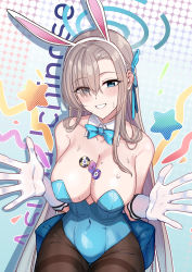 Rule 34 | 1girl, absurdres, animal ears, asuna (blue archive), asuna (bunny) (blue archive), black pantyhose, blonde hair, blue archive, blue eyes, blush, bow, bowtie, breasts, cleavage, condom, condom wrapper, covered navel, detached collar, ear blush, fake animal ears, gloves, grin, hair over one eye, hfp~kubiao, highres, leotard, long hair, looking at viewer, mole, mole on breast, pantyhose, playboy bunny, poker chip, rabbit ears, smile, solo, thighband pantyhose, traditional bowtie, very long hair, white gloves