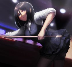 Rule 34 | 10s, 1girl, black hair, black pantyhose, black skirt, black vest, blue eyes, blurry, closed mouth, cowboy shot, cue stick, depth of field, dress shirt, dutch angle, formal, girls und panzer, highres, holding, layered skirt, long hair, long sleeves, looking at viewer, looking back, nonna (girls und panzer), pantyhose, pool table, serious, shirt, skirt, sleeves rolled up, solo, standing, swept bangs, table, thighband pantyhose, usukuti, vest, white shirt