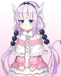 Rule 34 | 10s, 1girl, 3:, blue eyes, blunt bangs, blush, capelet, closed mouth, cowboy shot, crying, crying with eyes open, fur trim, gradient background, gradient hair, hair bobbles, hair ornament, highres, horns, jitome, kanna kamui, kobayashi-san chi no maidragon, light purple hair, long hair, looking down, low twintails, multicolored hair, purple background, purple hair, sidelocks, skirt, solo, tears, the cold, twintails, very long hair, white skirt