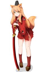 Rule 34 | 1girl, absurdres, animal ear fluff, animal ears, blush, breasts, fate/extra, fate/extra ccc, fate/extra ccc fox tail, fate (series), fox ears, fox tail, full body, hat, highres, holding, holding sword, holding weapon, japanese clothes, long hair, orange hair, red socks, shoes, simple background, smile, socks, solo, standing, suzuka gozen (fate), sword, tail, weapon, white background, wide sleeves, yellow eyes