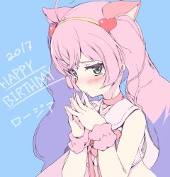 Rule 34 | 1girl, 2017, ahoge, animal ears, bare shoulders, blue background, blush, cat ears, character name, choker, closed mouth, crop top, crossed bangs, eyebrows, eyelashes, facing away, fingernails, fingers together, green eyes, hair between eyes, hairband, happy birthday, heart, kohaku q, long hair, nail polish, pink choker, pink hair, pink nails, rosia (show by rock!!), sailor collar, shirt, show by rock!!, simple background, sleeveless, sleeveless shirt, solo, sparkle, tears, twintails, upper body, white shirt, wristband, yellow hairband