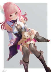 Rule 34 | 1girl, black footwear, boots, breasts, closed mouth, commentary request, detached sleeves, grey background, grey thighhighs, highres, holding, holding stuffed toy, long hair, long sleeves, looking at viewer, nail polish, original, pink hair, pink nails, puffy long sleeves, puffy sleeves, purple skirt, red eyes, saraki, shirt, signature, skirt, sleeveless, sleeveless shirt, small breasts, smile, solo, stuffed animal, stuffed toy, teddy bear, thighhighs, two-tone background, white background, white shirt, white sleeves, wing hair ornament