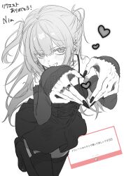 Rule 34 | 1girl, absurdres, black thighhighs, greyscale, heart, heart hands, highres, jewelry, long hair, monochrome, nia (x x02), original, ring, thighhighs, very long hair, white background