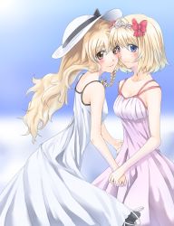 Rule 34 | 2girls, alice margatroid, alternate costume, back, bare arms, bare shoulders, blonde hair, blue eyes, blush, bow, braid, breasts, brown eyes, cheek-to-cheek, cleavage, closed mouth, couple, day, dress, female focus, hair bow, holding hands, haruichi (komikal), hat, heads together, highres, jewelry, kirisame marisa, looking at viewer, looking back, medium breasts, multiple girls, neck, ribbon, ring, small breasts, smile, standing, sun hat, sundress, tiara, touhou, yuri