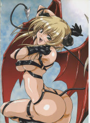 Rule 34 | 1girl, :d, amano yo-ki, armpits, ass, bat wings, black gloves, blonde hair, boots, breasts, covered erect nipples, demon girl, demon tail, fang, from behind, gloves, green eyes, highres, horns, knee boots, large breasts, long hair, looking back, open mouth, scan, shiny skin, sideboob, smile, solo, tail, underboob, wings