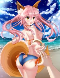 Rule 34 | 1girl, animal ear fluff, animal ears, ass, beach, bikini, blue bikini, breasts, butt crack, cowboy shot, dress, fate/grand order, fate (series), floating hair, fox ears, fox girl, fox tail, from behind, helvetica std, highres, large breasts, long hair, looking at viewer, looking back, ocean, orange eyes, pink dress, pov, pov hands, shoulder blades, sideboob, sky, solo focus, swimsuit, tail, tamamo (fate), tamamo no mae (fate/extra)