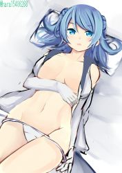 Rule 34 | 10s, 1girl, bed, blue eyes, blue hair, breasts, breasts apart, double bun, elbow gloves, gloves, highres, irohara, kantai collection, large breasts, looking at viewer, lying, matching hair/eyes, navel, no bra, on back, open clothes, open mouth, panties, panty pull, pillow, school uniform, serafuku, solo, twitter username, underboob, underwear, urakaze (kancolle), white gloves, white panties