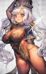 Rule 34 | 1girl, arm up, blush, breasts, brown eyes, cleavage, destiny child, hat, large breasts, loincloth, long hair, looking at viewer, maat (destiny child), solo, tongue, tongue out, twintails, very long hair, voruvoru, white hair