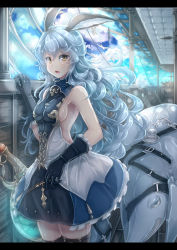 Rule 34 | 10s, 1girl, animal ears, armpits, bad id, bad pixiv id, bare shoulders, belt, belt skirt, black gloves, black skirt, black thighhighs, blue hair, blue skirt, breasts, day, earrings, erune, ferry (granblue fantasy), from side, gloves, granblue fantasy, hoop earrings, jewelry, letterboxed, long hair, looking at viewer, looking to the side, opanchu (pixiv259683), overskirt, parted lips, rabbit ears, sideboob, single earring, skirt, small breasts, solo, sunlight, thighhighs, wavy hair, yellow eyes