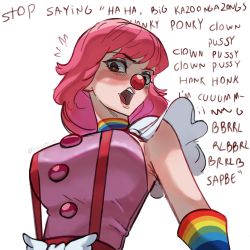 Rule 34 | 1girl, ace attorney, belt buckle, blush, breasts, brown eyes, buckle, buttons, capcom, choker, clown, clown nose, dress, elbow gloves, english text, eyeshadow, from below, geiru toneido, gloves, highres, large breasts, lips, looking at viewer, makeup, medium hair, mole, mole under mouth, open mouth, phoenix wright: ace attorney - spirit of justice, pink dress, pink hair, rainbow print, ribosoma 42, sleeveless, solo, strapless, strapless dress, suspenders gap, white background