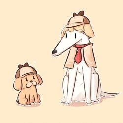 Rule 34 | ?, animal, animalization, blonde hair, borzoi, bubba (watson amelia), deerstalker, dog, hair ornament, hat, highres, hololive, hololive english, let me do it for you (meme), meme, moon ldl, necktie, pink background, simple background, virtual youtuber, watson amelia