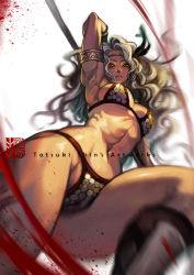Rule 34 | 1girl, amazon (dragon&#039;s crown), arm up, armlet, armor, armpits, bare shoulders, bikini armor, blonde hair, blood, blurry, breasts, cameltoe, dragon&#039;s crown, foreshortening, from below, green eyes, long hair, looking at viewer, looking down, muscular, muscular female, sayo tanku, solo
