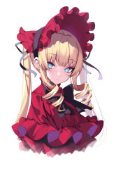 Rule 34 | 1girl, absurdres, bad id, bad twitter id, black bow, blonde hair, blue eyes, blunt bangs, bow, commentary, dress, drill hair, eyeliner, frilled dress, frilled hat, frills, hat, highres, long hair, looking at viewer, makeup, no pupils, parted lips, portrait, red dress, red hat, rozen maiden, shinku, sidelocks, simple background, solo, spider apple, twintails, white background