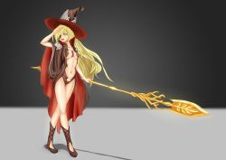 Rule 34 | 1girl, bad id, bad pixiv id, between breasts, blonde hair, breasts, cape, green eyes, groin, gungnir (toaru), hand to forehead, hat, holding, holding polearm, holding spear, holding weapon, long hair, medium breasts, navel, open mouth, othinus, panysua, polearm, simple background, solo, spear, toaru majutsu no index, toaru majutsu no index: new testament, weapon, witch hat