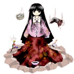 Rule 34 | 1girl, black hair, branch, brown eyes, child, dress, female focus, full body, houraisan kaguya, imperishable night, jeweled branch of hourai, long hair, looking at viewer, official art, ribbon, solo, touhou, transparent background, zun (artist)