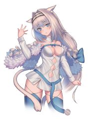 Rule 34 | 1girl, absurdres, animal ears, blue eyes, blush, breasts, cleavage, collar, dobrynya nikitich (fate), dress, fate/grand order, fate (series), hairband, highres, l4st resort, large breasts, looking at viewer, simple background, solo, standing, thighs, white background, white dress, white hair