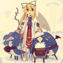 Rule 34 | 1girl, :d, angel wings, bandage over one eye, bandaged head, bandages, bat wings, bird, blonde hair, blue eyes, blue ribbon, boa (brianoa), capelet, column, commentary, disgaea, english commentary, english text, feathered wings, flonne, full body, hair between eyes, hair ribbon, hand on another&#039;s head, high collar, highres, holding, holding staff, light blush, long hair, long sleeves, looking at viewer, makai senki disgaea, neck ribbon, open mouth, penguin, pillar, pouch, prinny, ribbon, robe, sidelocks, sleeve ribbon, smile, staff, stuffed animal, stuffed penguin, stuffed toy, twitter username, very long hair, white capelet, white robe, white wings, wings