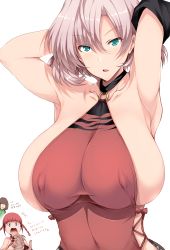 Rule 34 | 1boy, 2girls, ^^^, armpits, arms behind head, asukagawa chise, asukagawa chise (cosplay), blue eyes, braid, breasts, cosplay, covered erect nipples, covered navel, green eyes, gridman universe, highres, huge breasts, looking at another, looking at viewer, mujina, multiple girls, open mouth, short hair, simple background, ssss.dynazenon, translation request, tsukasawa takamatsu, twin braids, white background, white hair, yamanaka koyomi