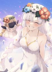 Rule 34 | 1girl, anastasia (fate), anastasia (swimsuit archer) (fate), anastasia (swimsuit archer) (second ascension) (fate), bare shoulders, blue sky, blush, bow, braid, breasts, cleavage, closed eyes, collarbone, doll, dress, dress swimsuit, fate/grand order, fate (series), flower wreath, grin, hair bow, hair over one eye, haruwo, head wreath, highres, ice, large breasts, long hair, silver hair, sky, smile, twin braids, very long hair, viy (fate), white dress