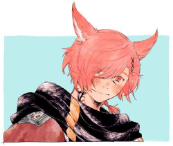 Rule 34 | 1boy, animal ears, archon mark, black scarf, blue background, blush, border, cat ears, eyes visible through hair, facial mark, final fantasy, final fantasy xiv, g&#039;raha tia, hair ornament, hair over one eye, hatching (texture), itowo (itowc), looking at viewer, male focus, miqo&#039;te, neck tattoo, outside border, portrait, red eyes, red hair, scarf, short hair, simple background, slit pupils, smile, solo, swept bangs, tattoo, white border, x hair ornament