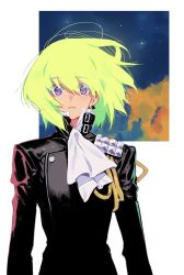 Rule 34 | biker clothes, black jacket, chomoran, ascot, gloves, green hair, half gloves, highres, jacket, lio fotia, male focus, parted lips, promare, purple eyes, solo, upper body