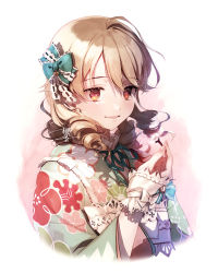 Rule 34 | 1girl, ahoge, apron, arm up, blonde hair, bow, commentary request, floral print, flower, hair bow, hair ornament, highres, holding, holding flower, idolmaster, idolmaster cinderella girls, idolmaster cinderella girls starlight stage, japanese clothes, kimono, lace-trimmed apron, lace-trimmed cuffs, lace trim, light smile, maid, morikubo nono, neck ribbon, okeno kamoku, portrait, ribbon, ribbon trim, ringlets, signature, simple background, solo, wa maid