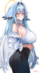 Rule 34 | 1girl, ahoge, artist name, bare shoulders, black hair, black pants, blue hair, blush, breasts, commentary, cowboy shot, crossed bangs, curvy, detached sleeves, double-parted bangs, english commentary, feathered wings, frilled sleeves, frills, from side, gradient hair, hair between eyes, hair intakes, halo, high-waist pants, highres, large breasts, long hair, long sleeves, looking at viewer, low wings, multicolored hair, original, pants, puffy long sleeves, puffy sleeves, shirt, simple background, sleeveless, sleeveless shirt, solo, twitter username, two-tone hair, very long hair, white background, white shirt, white wings, wings, yellow eyes, yellow halo, yuniiho