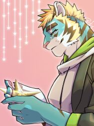 Rule 34 | 1boy, animal ears, aoi (aoi tachi0), bara, blonde hair, blush, facial mark, fingernails, furry, half-closed eyes, highres, holding, holding star, hood, hoodie, live a hero, looking at object, male focus, pawpads, pink background, profile, rexer (live a hero), sharp fingernails, smile, solo, star (symbol), tiger boy, tiger ears, tiger stripes, upper body, whisker markings