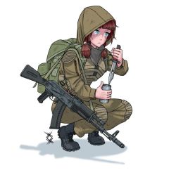 Rule 34 | 1girl, ak-74m, assault rifle, backpack, bag, blue eyes, boots, brown hair, can, closed mouth, commission, full body, green bag, green jacket, green pants, gun, handkerchief, holding, holding can, holding knife, hood, hoodie, jacket, kalashnikov rifle, knife, magazine (weapon), military, military jacket, military uniform, original, ostwindprojekt, pants, rifle, shadow, simple background, solo, squatting, stalker (game), twintails, uniform, weapon, white background